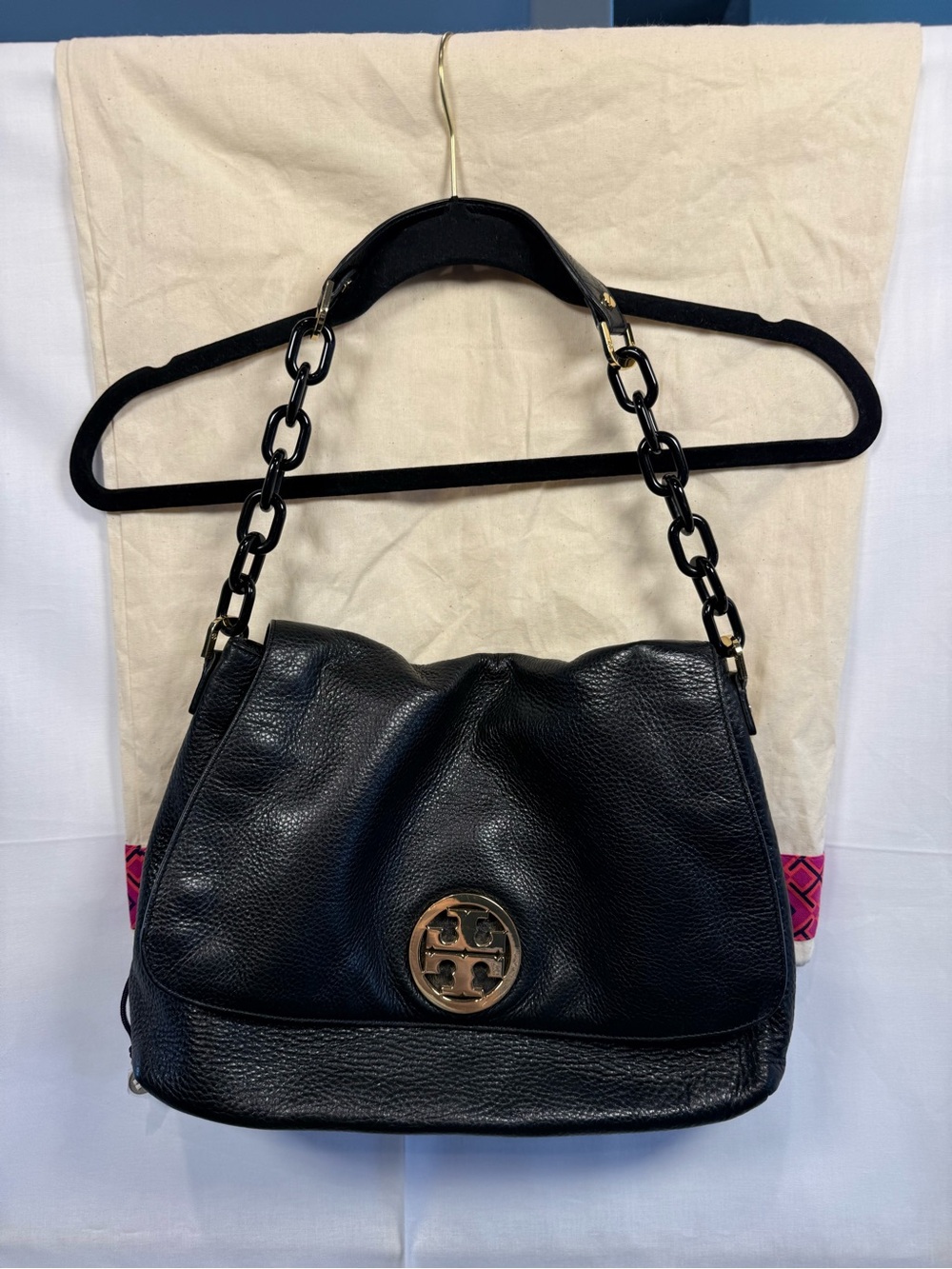 Tory Burch Black Pebbled Leather Shoulder Bag with Gold Logo